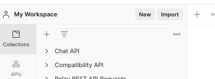 A screenshot of the Collections tab in Postman. The New button is selected.